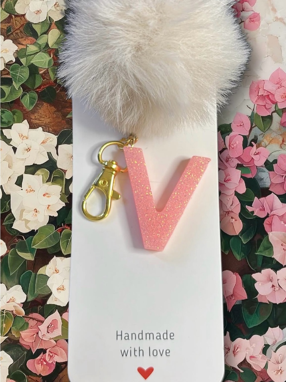 Pink Glitter Letter V Keychain & Pom Pom Charm